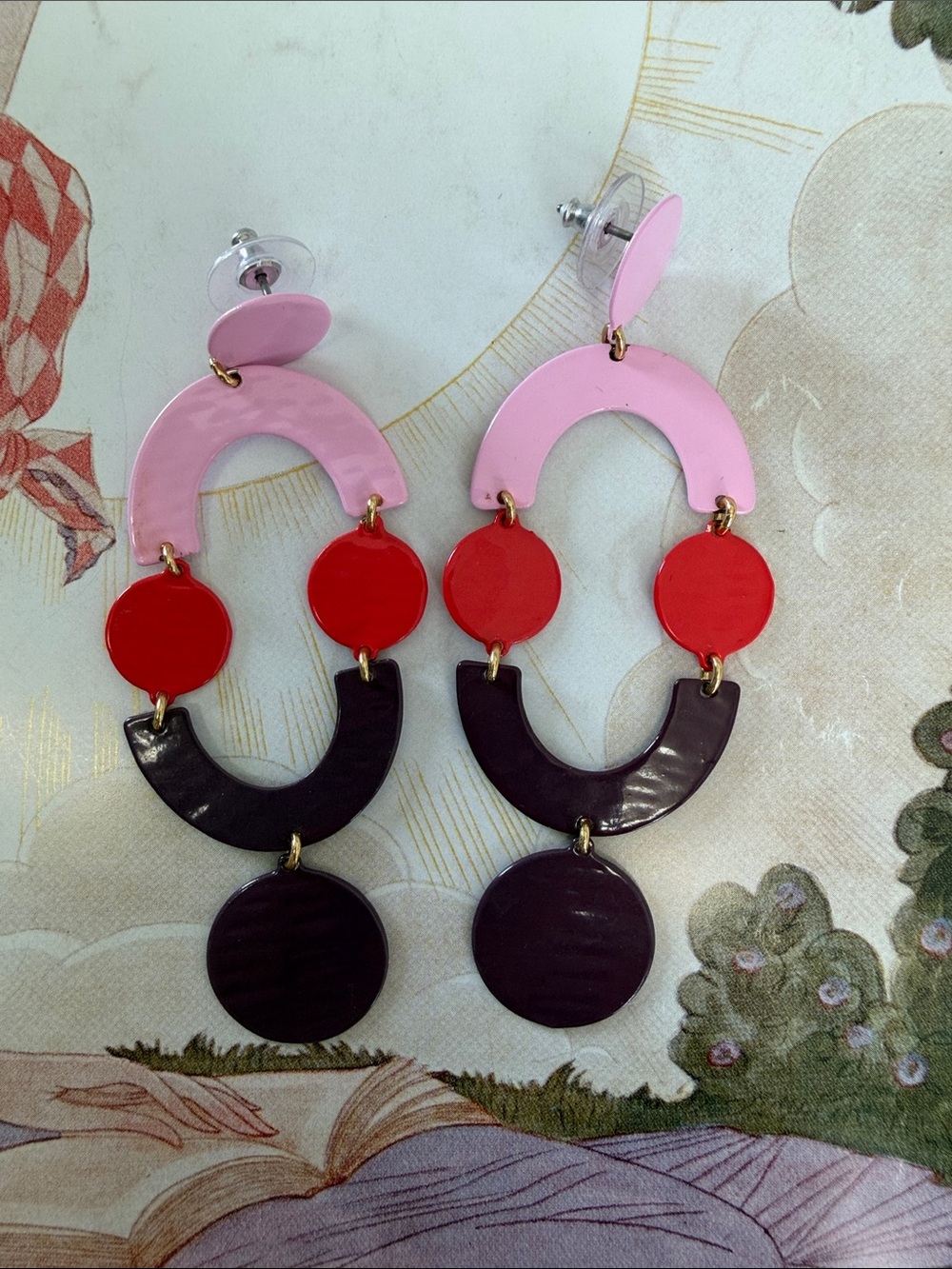 J.CREW Mod Pink, Red & Purple Circlet Geometric Drop Post Earrings